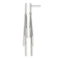 Pair of long silver-toned stud earrings with rectangular posts and dangling chains attached to small rectangular bars.