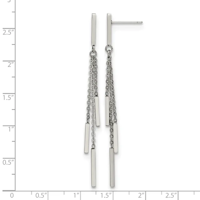 Pair of silver-toned drop earrings with rectangular bar studs and dangling chain segments with small cylindrical bars, displayed against a measurement scale.
