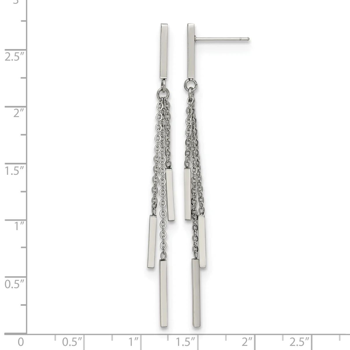Pair of silver-toned drop earrings with rectangular bar studs and dangling chain segments with small cylindrical bars, displayed against a measurement scale.