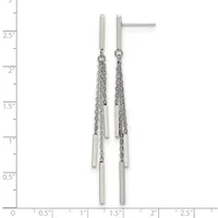 Pair of silver-toned drop earrings with rectangular bar studs and dangling chain segments with small cylindrical bars, displayed against a measurement scale.