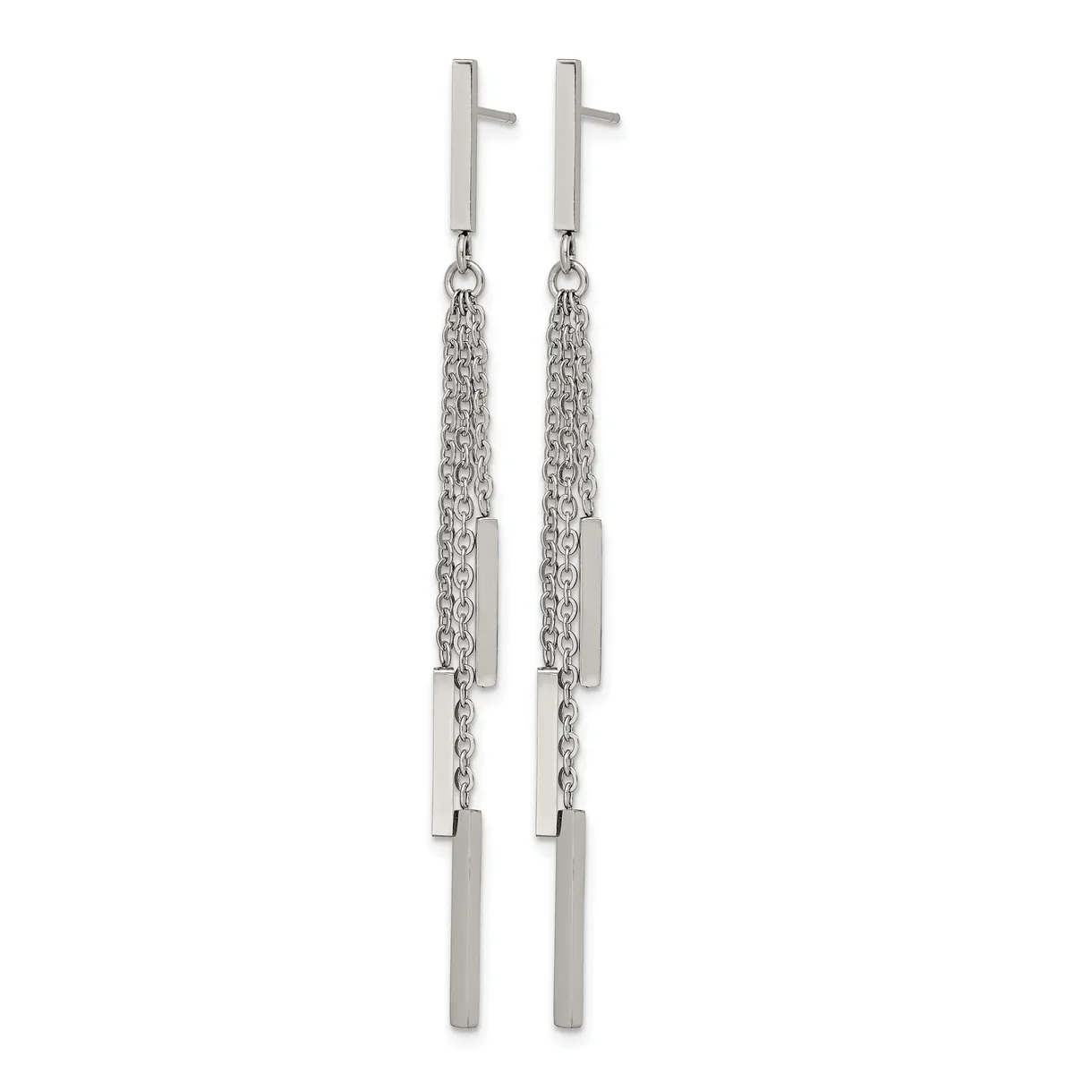 Pair of long silver-toned earrings with rectangular posts, dangling chains, and rectangular bar pendants.