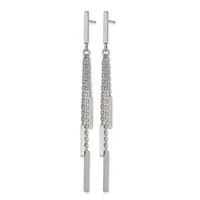 Pair of long silver-toned earrings with rectangular posts, dangling chains, and rectangular bar pendants.
