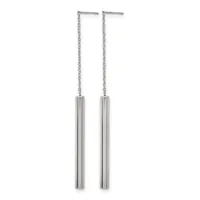 Pair of long silver chain threader earrings with cylindrical bar pendants, shown against a white background.