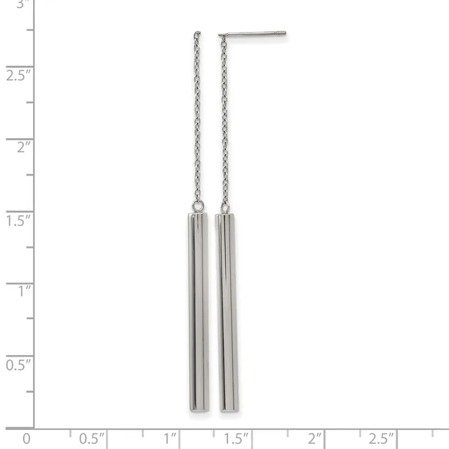 Pair of silver chain drop earrings with cylindrical tube pendants, displayed on a ruler showing approximately 2.75 inches in total length.