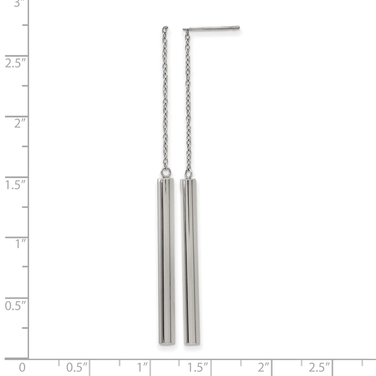 Pair of silver chain drop earrings with cylindrical tube pendants, displayed on a ruler showing approximately 2.75 inches in total length.
