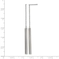 Pair of silver chain drop earrings with cylindrical tube pendants, displayed on a ruler showing approximately 2.75 inches in total length.