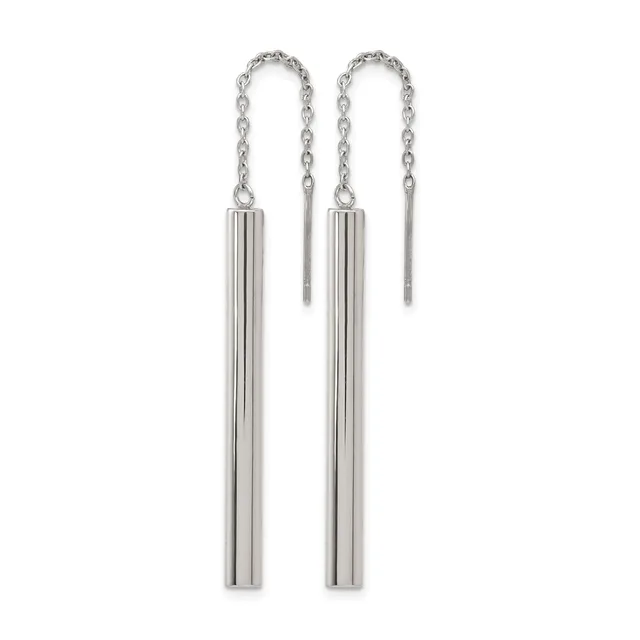 A pair of silver threader earrings with delicate chain loops at the top and long cylindrical vertical bars hanging below.