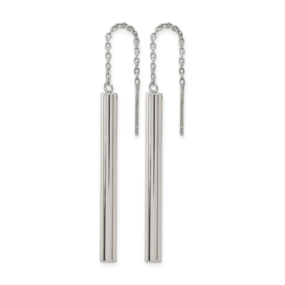A pair of silver threader earrings with delicate chain loops at the top and long cylindrical vertical bars hanging below.