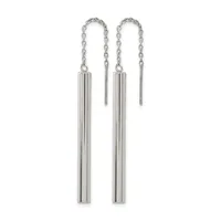 A pair of silver threader earrings with delicate chain loops at the top and long cylindrical vertical bars hanging below.