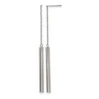 Pair of silver-toned drop earrings with chain attachments and cylindrical pendant charms, displayed against a white background.