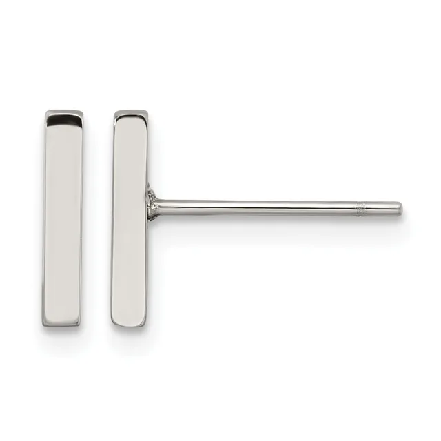 A pair of polished silver rectangular bar stud earrings with rounded corners displayed against a white background.