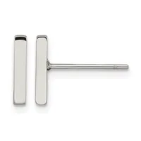 A pair of polished silver rectangular bar stud earrings with rounded corners displayed against a white background.