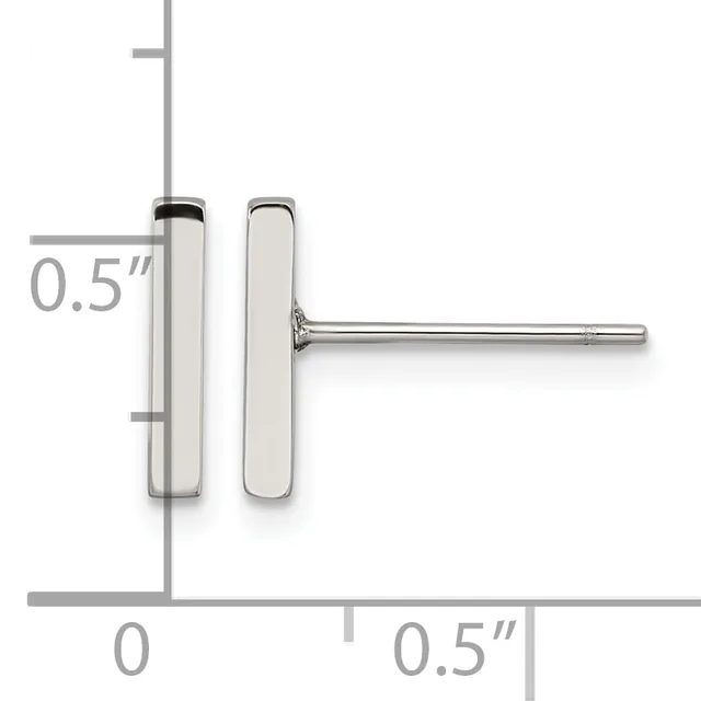 A pair of polished silver rectangular stud earrings measuring 0.5 inches in length, displayed against a measurement scale.