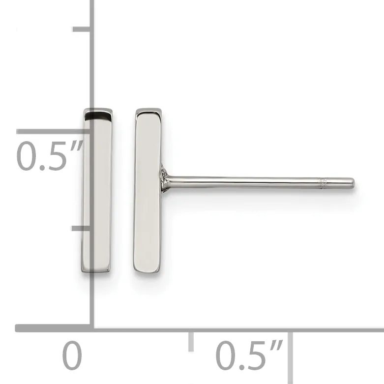 A pair of polished silver rectangular stud earrings measuring 0.5 inches in length, displayed against a measurement scale.