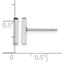 A pair of polished silver rectangular stud earrings measuring 0.5 inches in length, displayed against a measurement scale.
