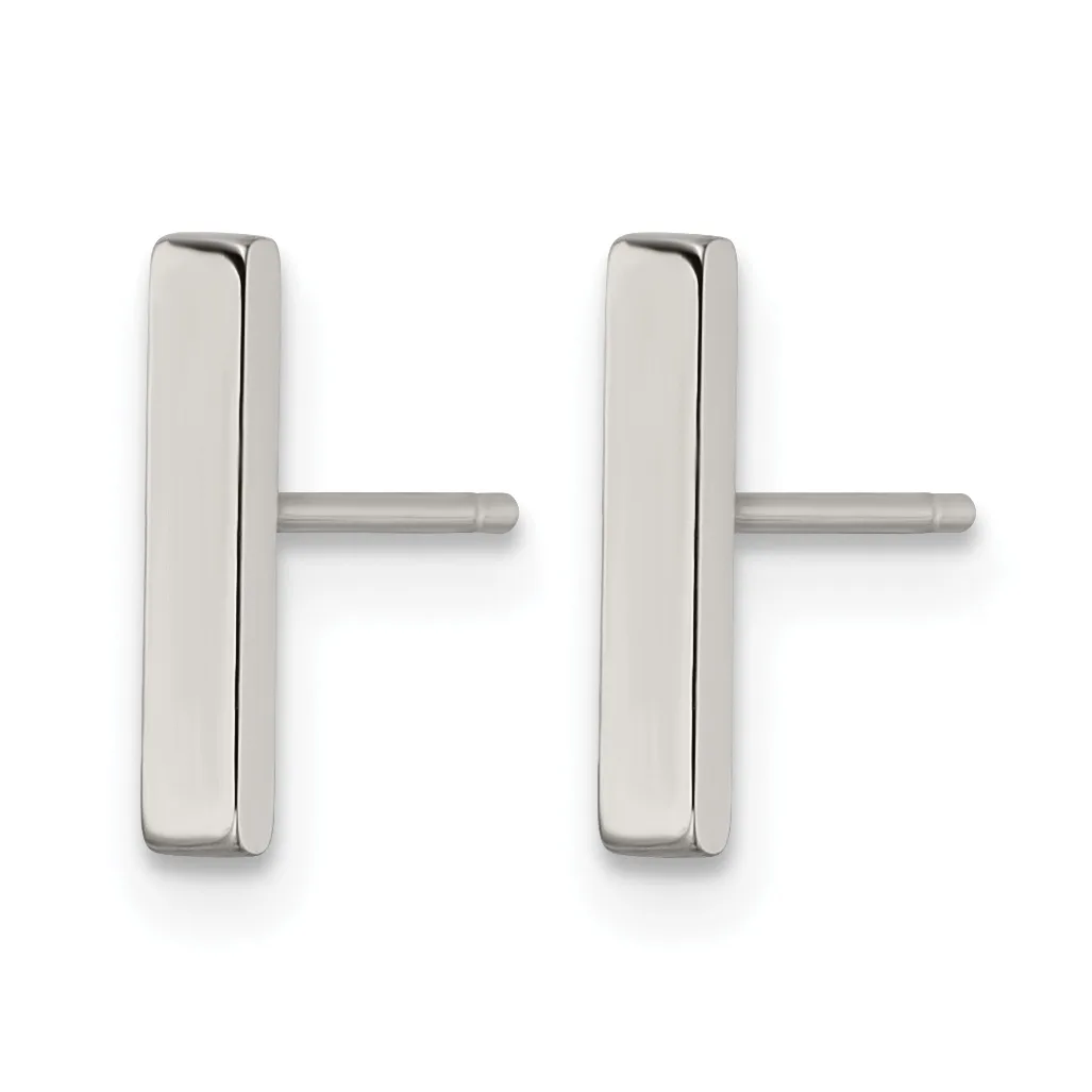Pair of polished silver rectangular stud earrings with rounded corners and small posts, shown from the front.