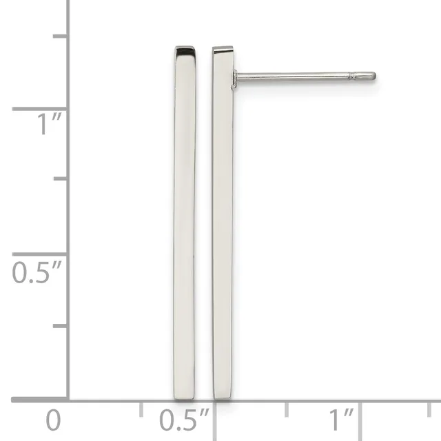 Pair of sterling silver rectangular bar stud earrings on posts, approximately 1 inch long and 0.5 inch wide, shown on a measurement scale.
