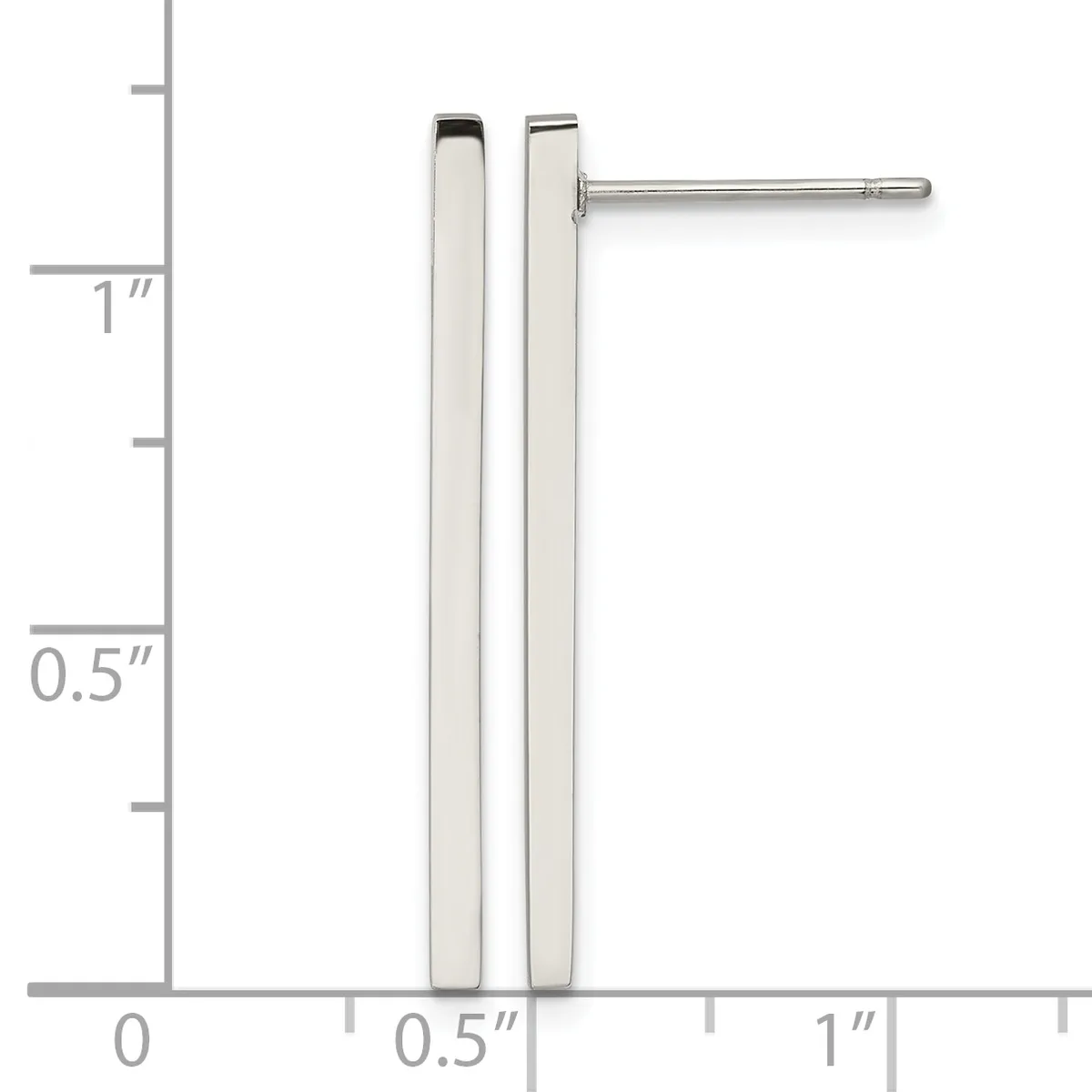 Pair of sterling silver rectangular bar stud earrings on posts, approximately 1 inch long and 0.5 inch wide, shown on a measurement scale.