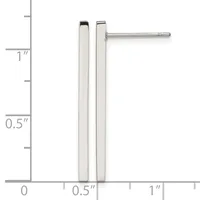 Pair of sterling silver rectangular bar stud earrings on posts, approximately 1 inch long and 0.5 inch wide, shown on a measurement scale.