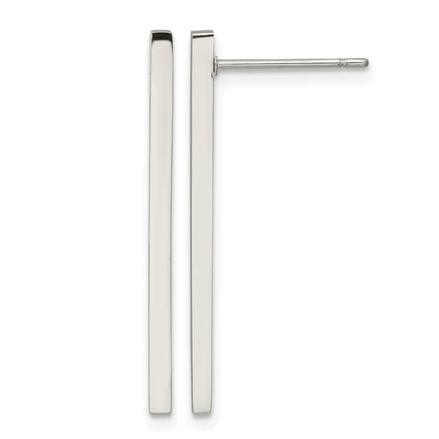 A pair of polished silver bar earrings with posts and backs, one shown from the front and one from the side.
