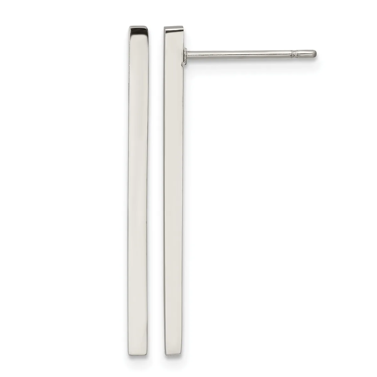 A pair of polished silver bar earrings with posts and backs, one shown from the front and one from the side.