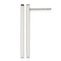 A pair of polished silver bar earrings with posts and backs, one shown from the front and one from the side.