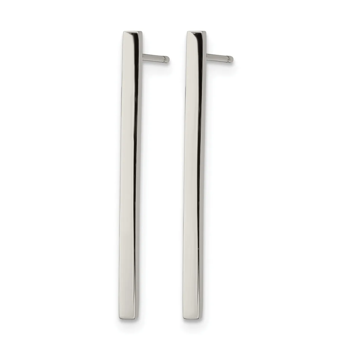 Pair of long rectangular silver bar stud earrings with small posts and backs, shown against a white background.