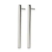 Pair of long rectangular silver bar stud earrings with small posts and backs, shown against a white background.