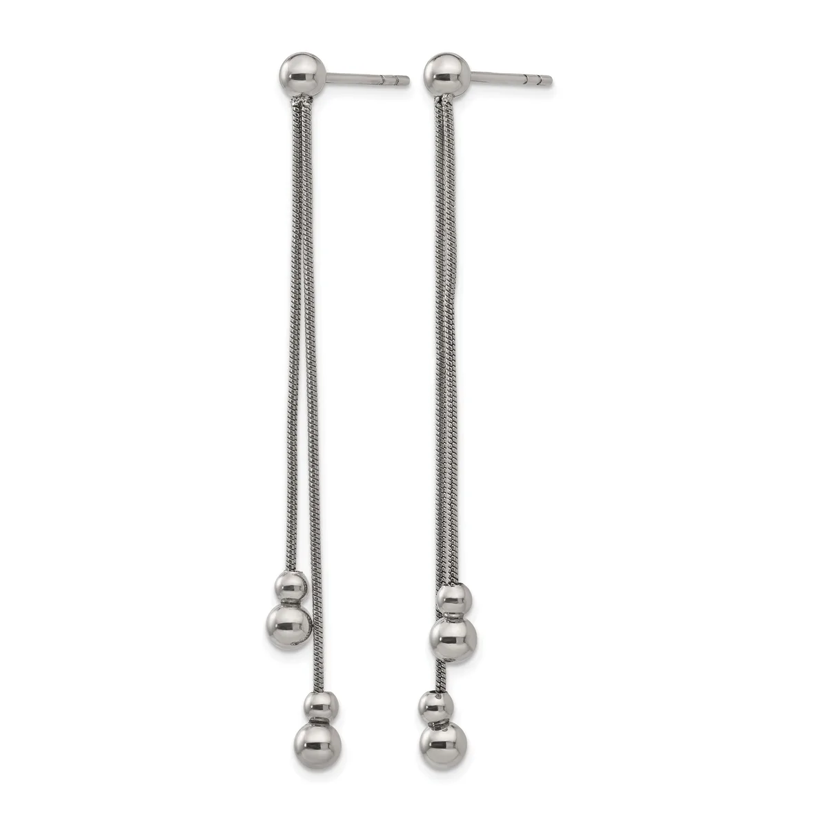 Pair of silver-toned dangling earrings with ball studs at top and two spheres suspended from chains on each earring.