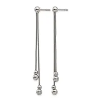 Pair of silver-toned dangling earrings with ball studs at top and two spheres suspended from chains on each earring.