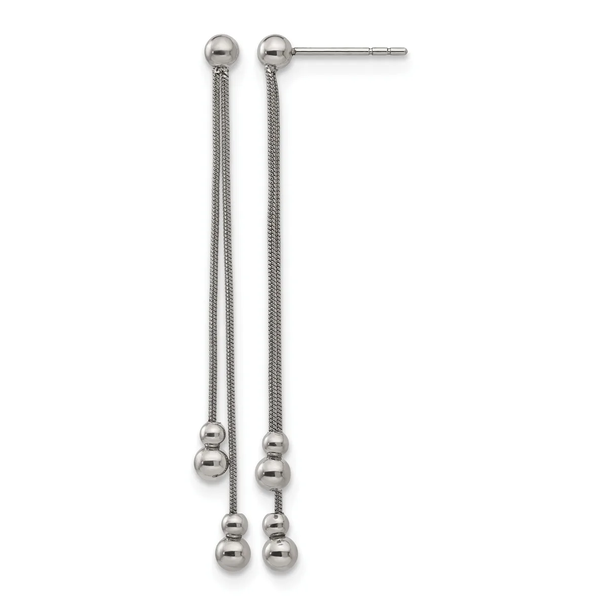 Pair of sterling silver drop earrings with ball posts at top and two graduated spheres suspended from mesh chains on each earring.
