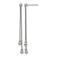 Pair of sterling silver drop earrings with ball posts at top and two graduated spheres suspended from mesh chains on each earring.