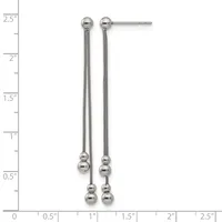 Pair of long dangling earrings with textured chain strands and stacked spherical beads at the bottom, displayed against a ruler showing approximately two inches in length.