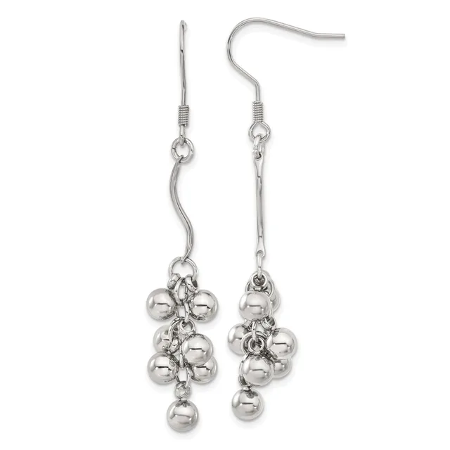 Pair of silver-tone dangle earrings with fish hook wires and clustered polished ball charms suspended from chain links.