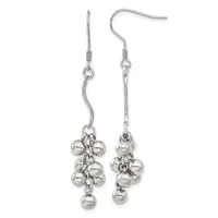 Pair of silver-tone dangle earrings with fish hook wires and clustered polished ball charms suspended from chain links.