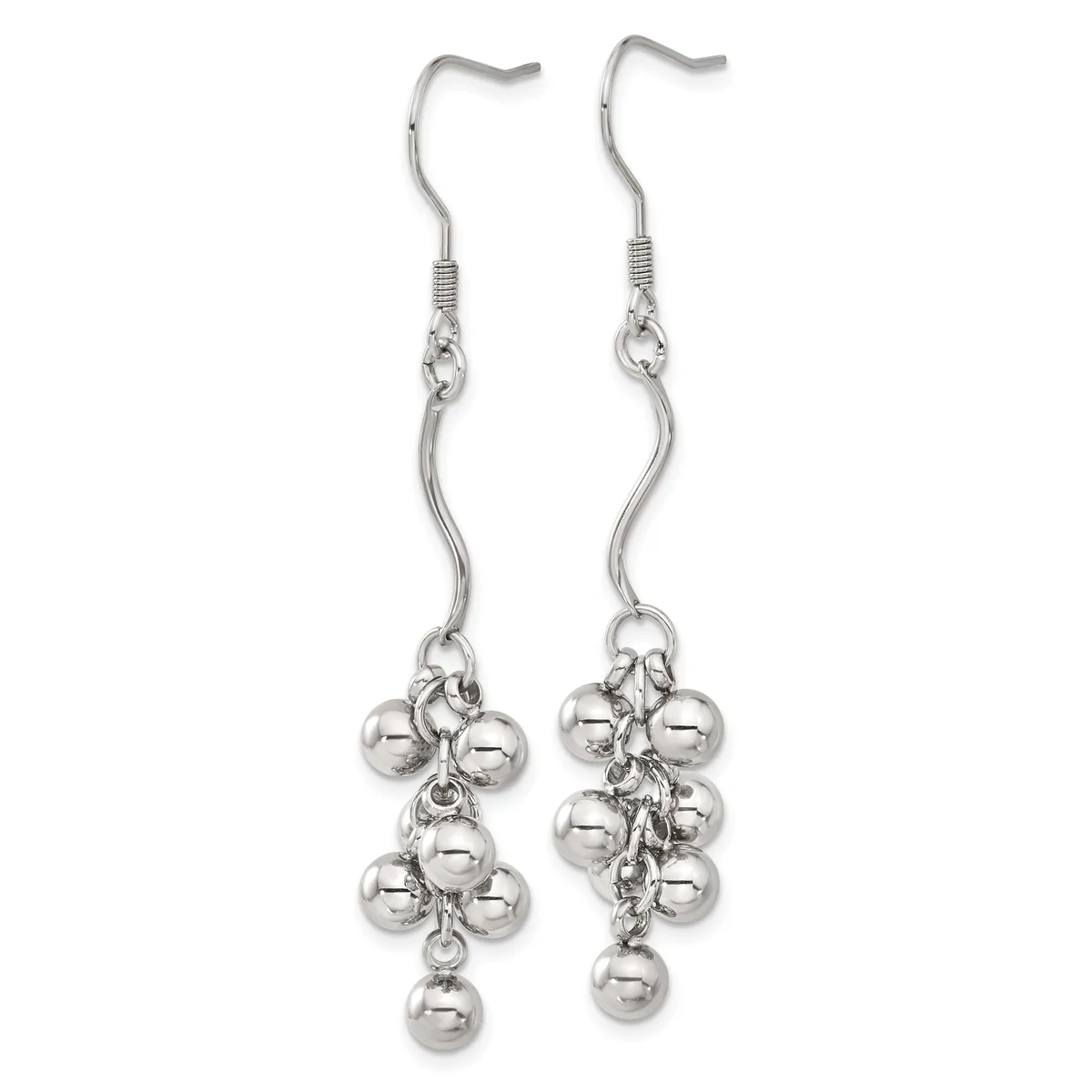 Pair of silver-toned dangle earrings with curved hooks, connected chains, and clustered round ball charms hanging from each ear.