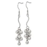 Pair of silver-toned dangle earrings with curved hooks, connected chains, and clustered round ball charms hanging from each ear.