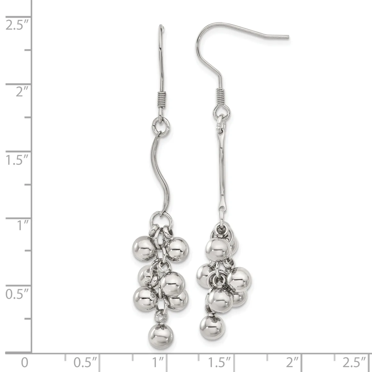 A pair of silver-toned dangle earrings with curved hooks, featuring clustered spherical beads suspended from chain links, displayed against a measurement ruler.