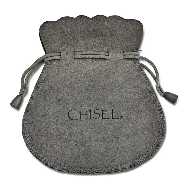 A gray fabric drawstring pouch with a scalloped top edge and two fabric cords for closing.
