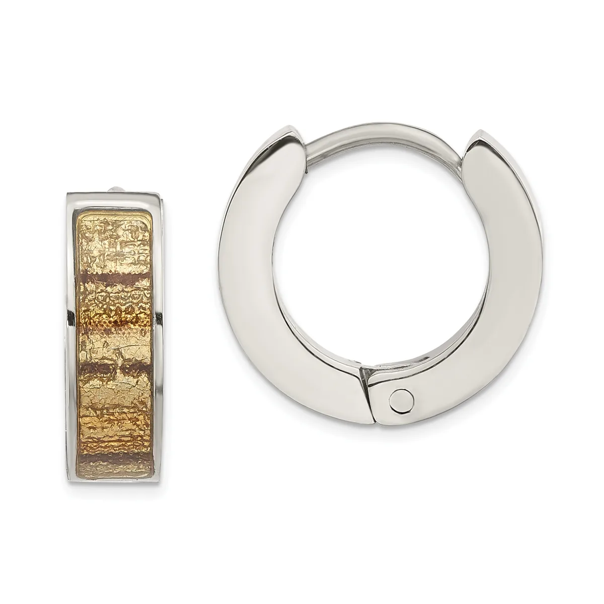 Two-tone sterling silver and gold-plated rectangular and circular hoop earrings displayed against a white background.