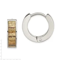 A pair of silver hoop earrings with gold-textured rectangular inlay on the front, shown from two angles.