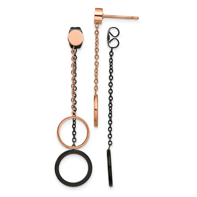 Two pairs of dangle earrings with rose gold posts and black chain extensions, each featuring interlocking circular rings in rose gold and black.