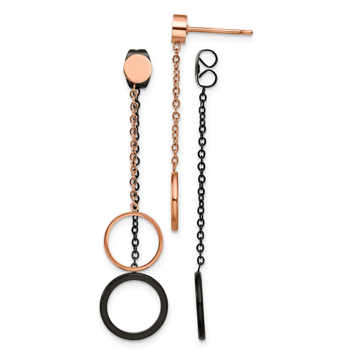 Two pairs of dangle earrings with rose gold posts and black chain extensions, each featuring interlocking circular rings in rose gold and black.