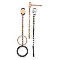 Two pairs of dangle earrings with rose gold posts and black chain extensions, each featuring interlocking circular rings in rose gold and black.