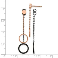 Two pair of dangle earrings with chain drops and circular elements in rose gold and blackened metal, displayed against a ruler showing approximately two inches in length.