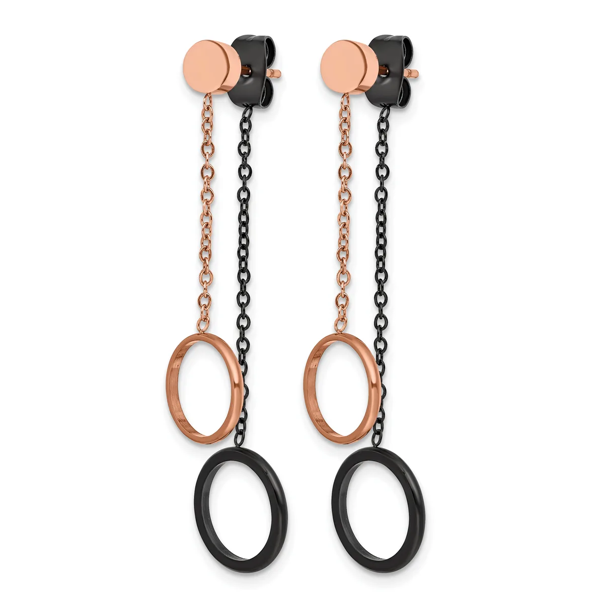 A pair of dangling earrings with rose gold circular studs, each suspending two chains—one rose gold and one black—connected to rose gold and black oval rings.