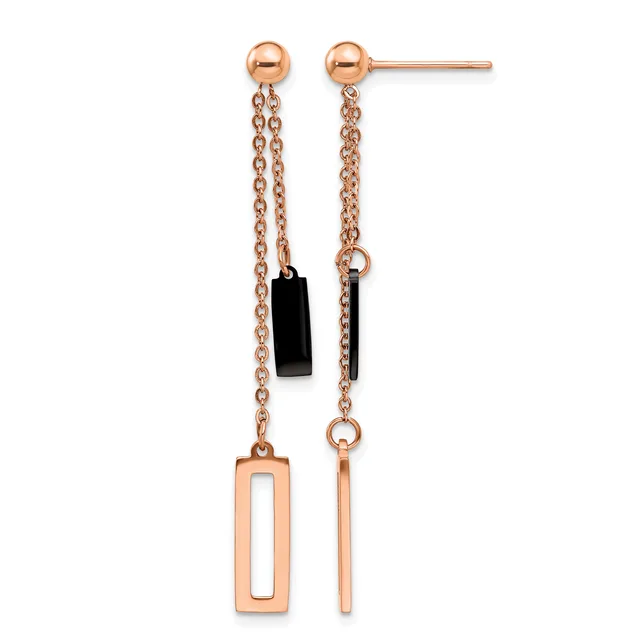 Rose gold drop earrings with chain dangles, one featuring a black rectangular stone and the other a rose gold rectangular outline, on stud posts.