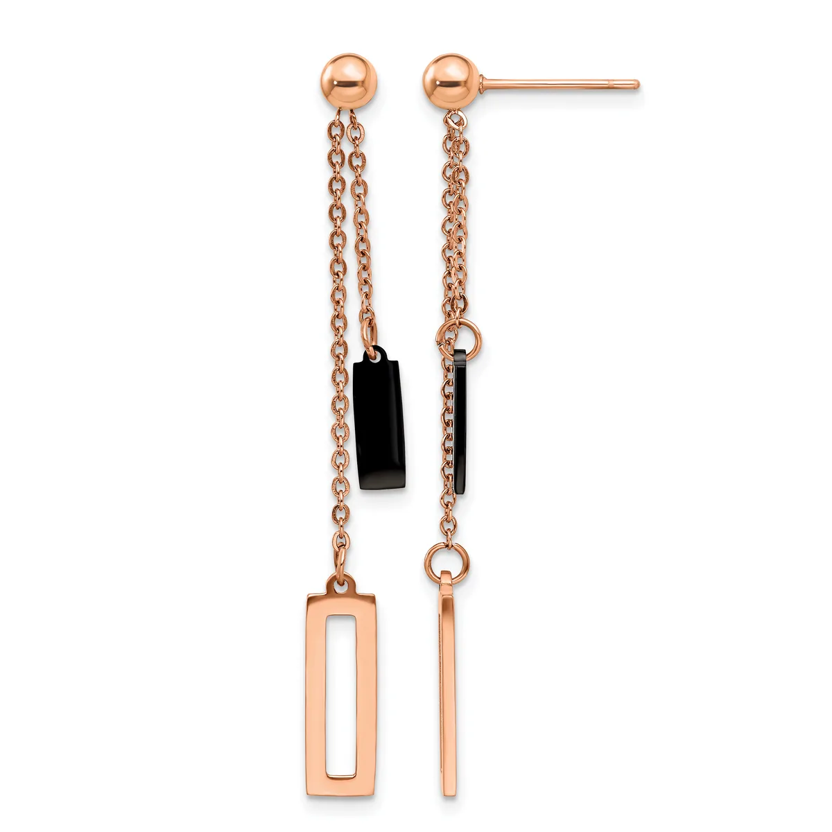Rose gold drop earrings with chain dangles, one featuring a black rectangular stone and the other a rose gold rectangular outline, on stud posts.