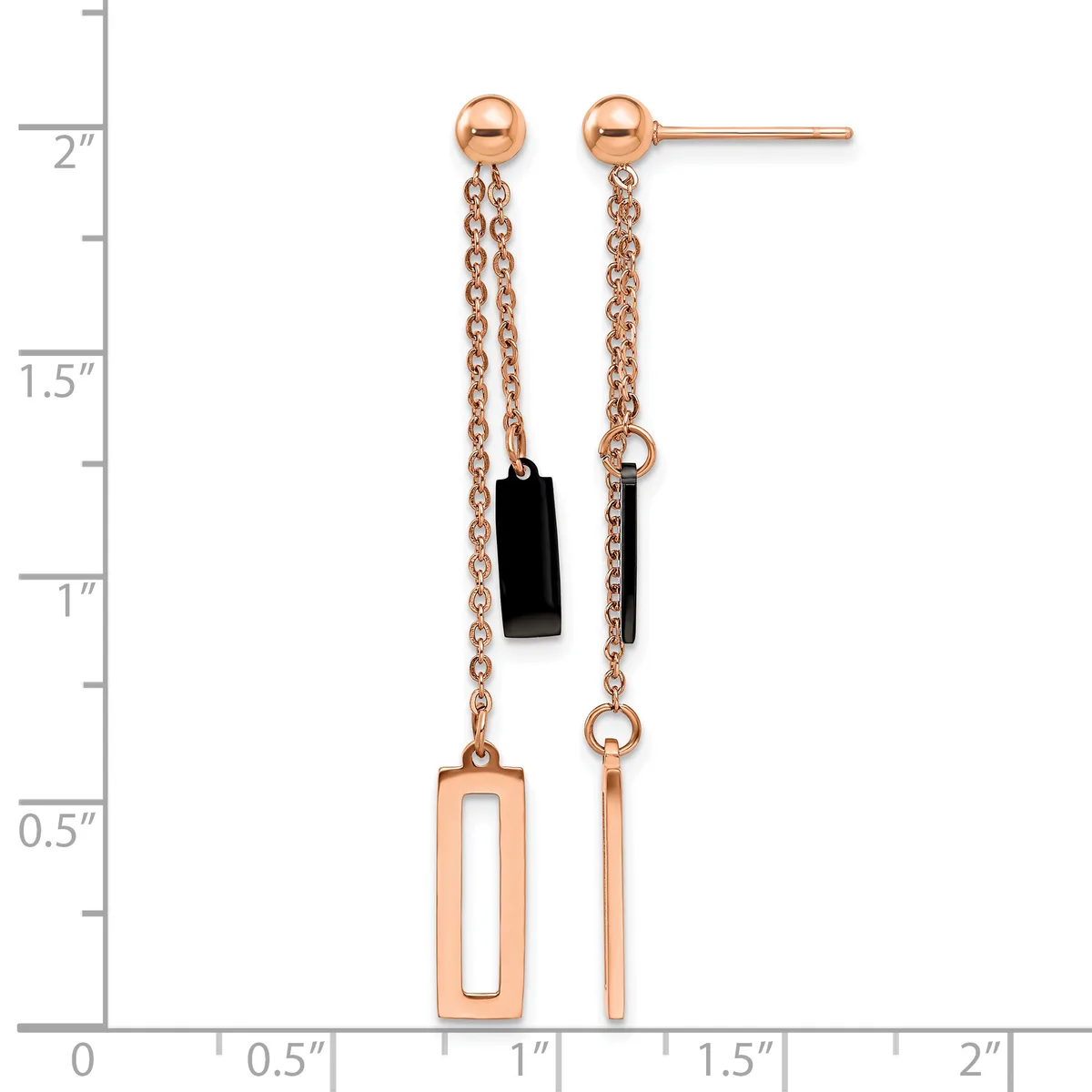 A pair of rose gold drop earrings with ball studs, delicate chains, a black rectangular stone on one side, and geometric rectangular cutout pendants, displayed against a measurement scale.