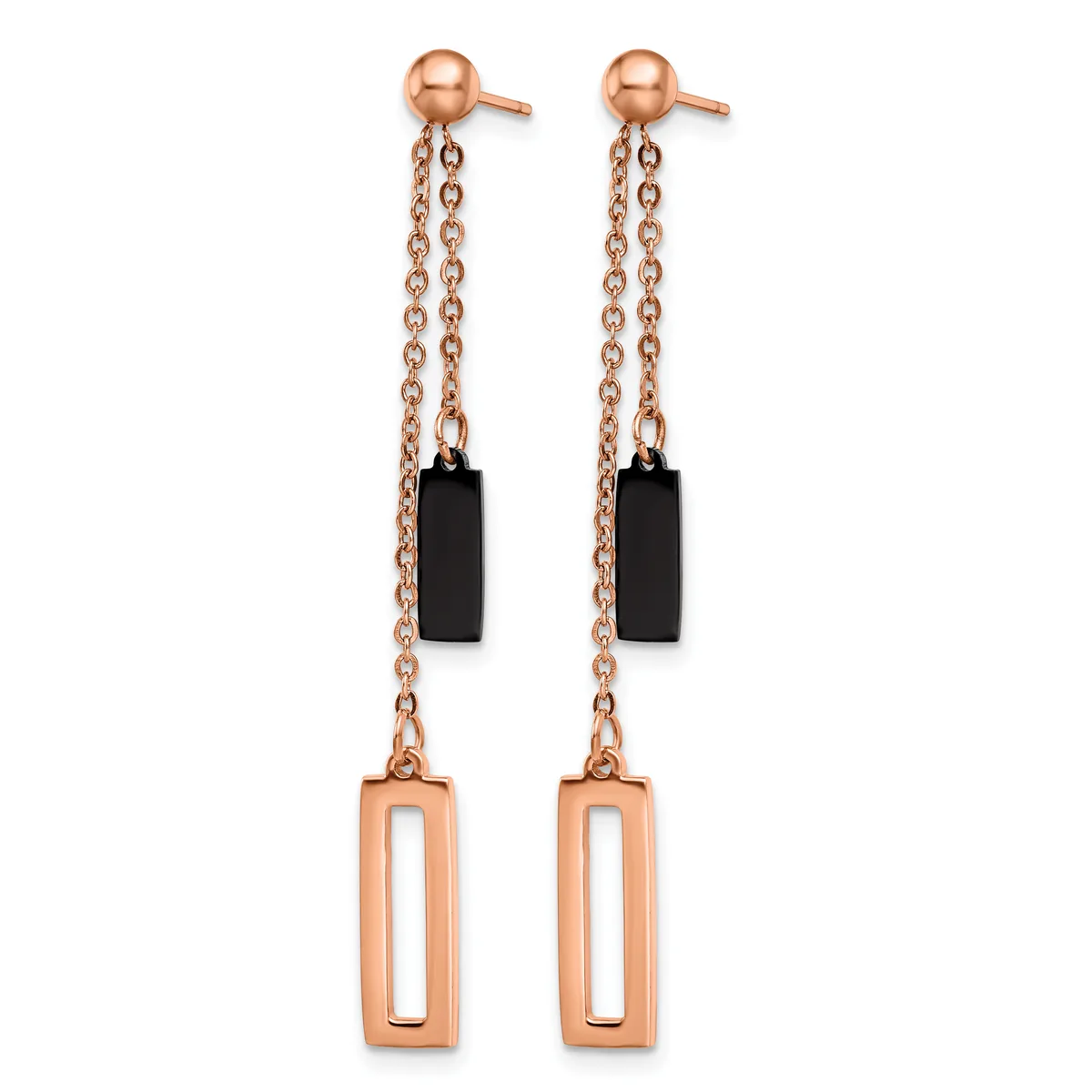 Pair of rose gold chain drop earrings with black rectangular stones and hollow rectangular rose gold pendants, shown against a white background.